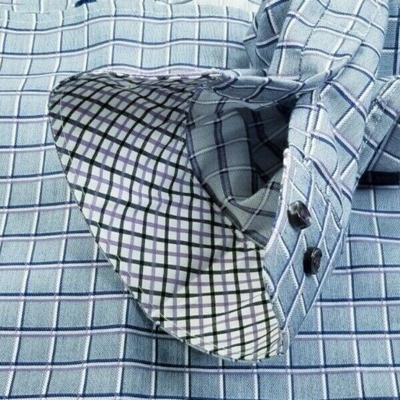 Enzone 2XL Men's Gray White Blue Purple Trim Check Long Sleeve Cotton Shirt - Picture 6 of 8